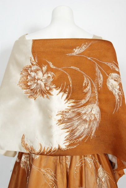 1950&#39;s Hand-Painted Floral Copper Silk &amp; Ivory Satin Full Gown w/ Shawl