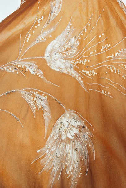 1950&#39;s Hand-Painted Floral Copper Silk &amp; Ivory Satin Full Gown w/ Shawl