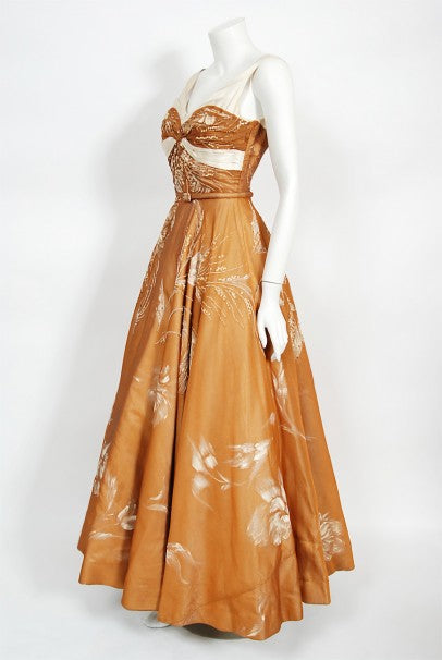 1950&#39;s Hand-Painted Floral Copper Silk &amp; Ivory Satin Full Gown w/ Shawl