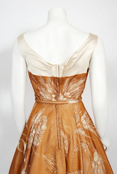 1950&#39;s Hand-Painted Floral Copper Silk &amp; Ivory Satin Full Gown w/ Shawl