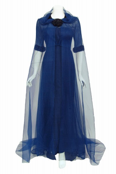1960s Madame Grès Haute Couture Blue Beaded Sheer Silk Trained Gown