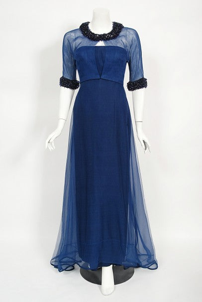 1960s Madame Grès Haute Couture Blue Beaded Sheer Silk Trained Gown