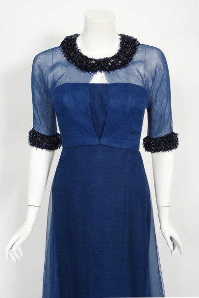1960s Madame Grès Haute Couture Blue Beaded Sheer Silk Trained Gown