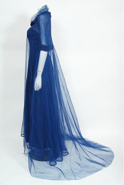 1960s Madame Grès Haute Couture Blue Beaded Sheer Silk Trained Gown