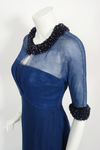 1960s Madame Grès Haute Couture Blue Beaded Sheer Silk Trained Gown