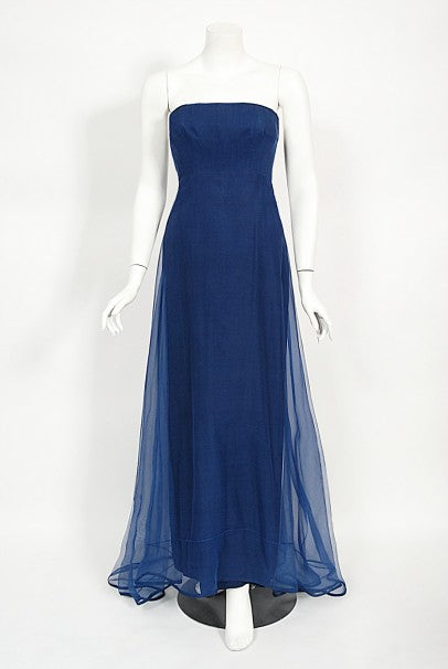 1960s Madame Grès Haute Couture Blue Beaded Sheer Silk Trained Gown