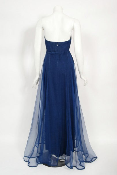 1960s Madame Grès Haute Couture Blue Beaded Sheer Silk Trained Gown