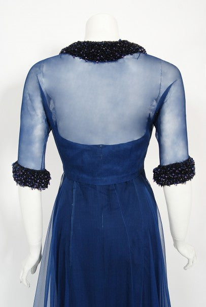 1960s Madame Grès Haute Couture Blue Beaded Sheer Silk Trained Gown