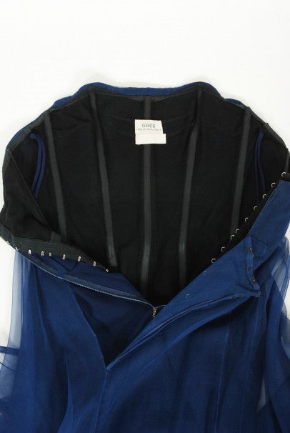 1960s Madame Grès Haute Couture Blue Beaded Sheer Silk Trained Gown