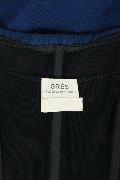 1960s Madame Grès Haute Couture Blue Beaded Sheer Silk Trained Gown