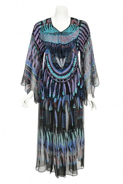 1970 Zandra Rhodes Hand-Painted &#39;Indian Feathers&#39; Sheer Silk Dress Set