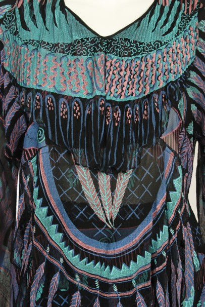 1970 Zandra Rhodes Hand-Painted &#39;Indian Feathers&#39; Sheer Silk Dress Set