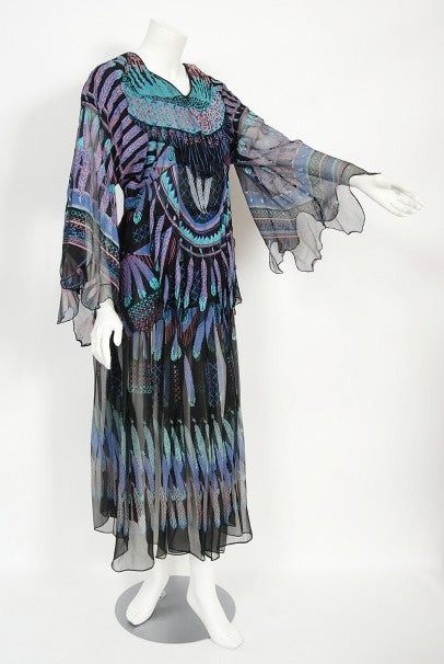 1970 Zandra Rhodes Hand-Painted &#39;Indian Feathers&#39; Sheer Silk Dress Set