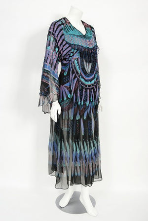 1970 Zandra Rhodes Hand-Painted 'Indian Feathers' Sheer Silk Dress Set