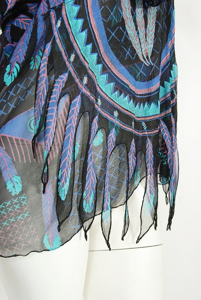 1970 Zandra Rhodes Hand-Painted &#39;Indian Feathers&#39; Sheer Silk Dress Set