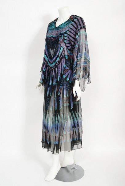 1970 Zandra Rhodes Hand-Painted &#39;Indian Feathers&#39; Sheer Silk Dress Set