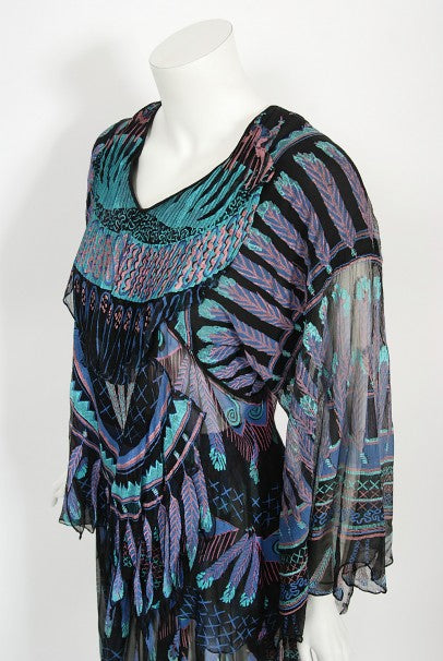 1970 Zandra Rhodes Hand-Painted &#39;Indian Feathers&#39; Sheer Silk Dress Set