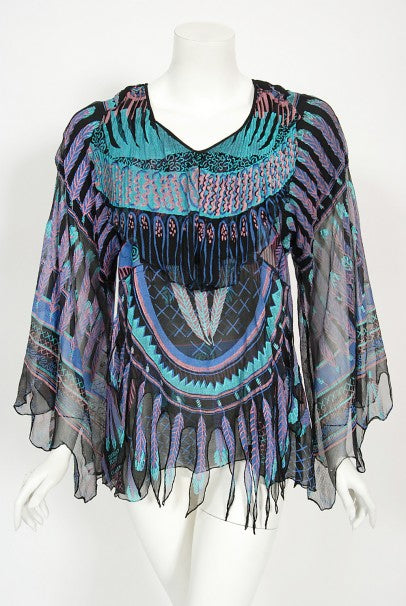 1970 Zandra Rhodes Hand-Painted &#39;Indian Feathers&#39; Sheer Silk Dress Set