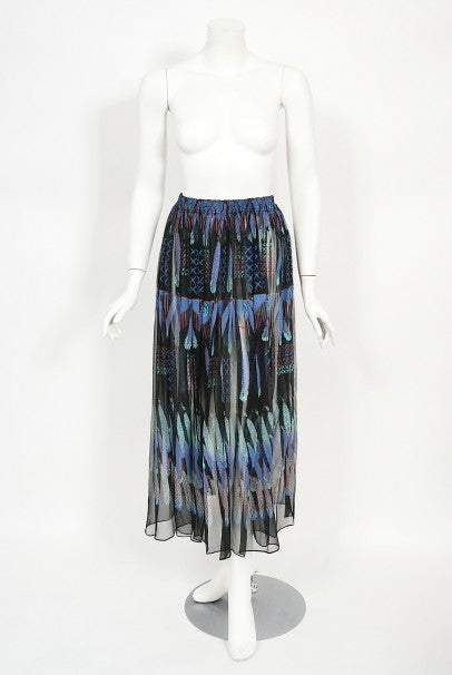 1970 Zandra Rhodes Hand-Painted &#39;Indian Feathers&#39; Sheer Silk Dress Set