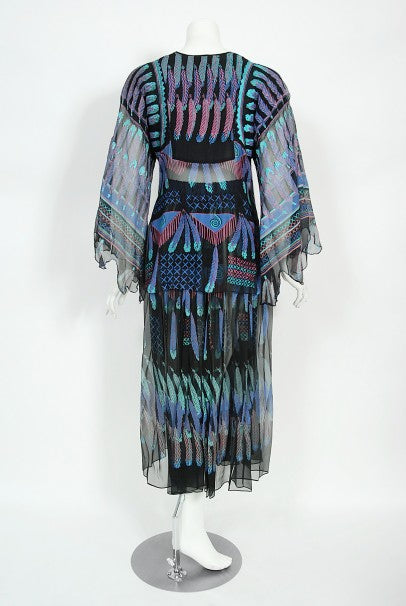1970 Zandra Rhodes Hand-Painted &#39;Indian Feathers&#39; Sheer Silk Dress Set