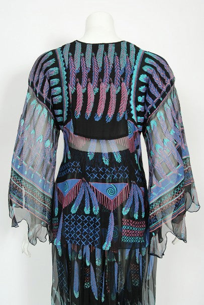1970 Zandra Rhodes Hand-Painted &#39;Indian Feathers&#39; Sheer Silk Dress Set