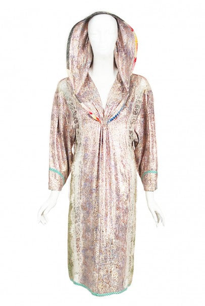 1970s Koos Van Den Akker Couture Metallic Lace &amp; Colorful Cotton Hooded Dress