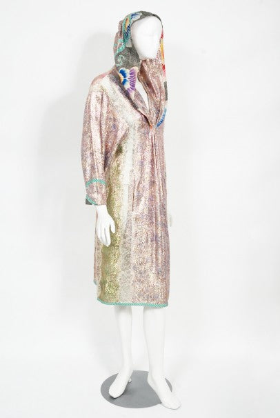 hooded metallic dress 1970s Koos Van Den Akker Couture Metallic Lace & Colorful Cotton Hoode