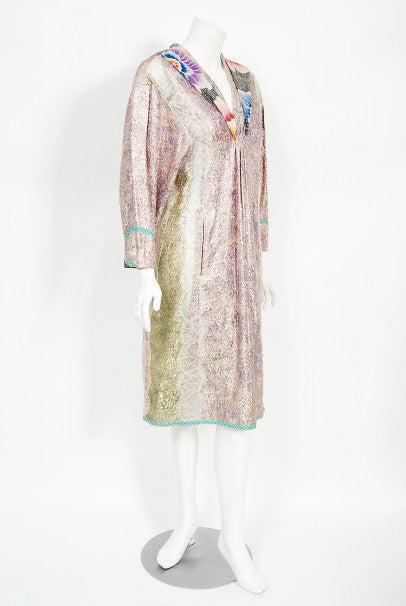 1970s Koos Van Den Akker Couture Metallic Lace &amp; Colorful Cotton Hooded Dress