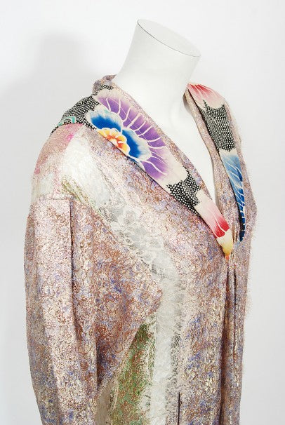 1970s Koos Van Den Akker Couture Metallic Lace &amp; Colorful Cotton Hooded Dress
