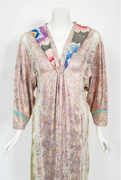 1970s Koos Van Den Akker Couture Metallic Lace &amp; Colorful Cotton Hooded Dress