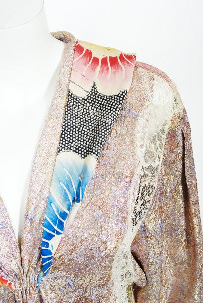 1970s Koos Van Den Akker Couture Metallic Lace &amp; Colorful Cotton Hooded Dress