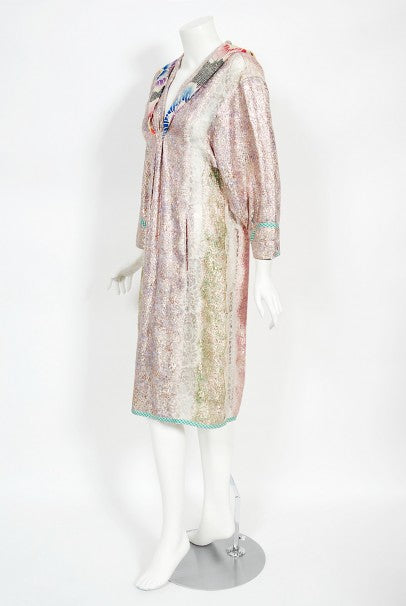 1970s Koos Van Den Akker Couture Metallic Lace &amp; Colorful Cotton Hooded Dress