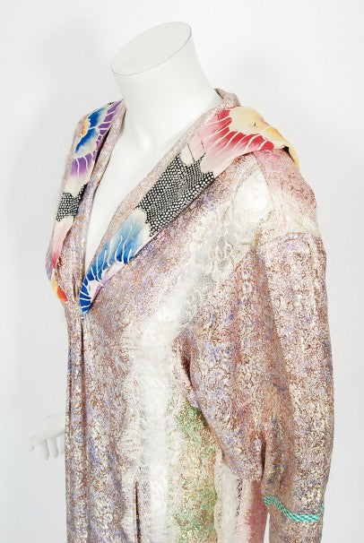 1970s Koos Van Den Akker Couture Metallic Lace &amp; Colorful Cotton Hooded Dress