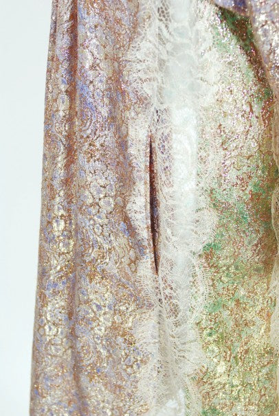 1970s Koos Van Den Akker Couture Metallic Lace &amp; Colorful Cotton Hooded Dress