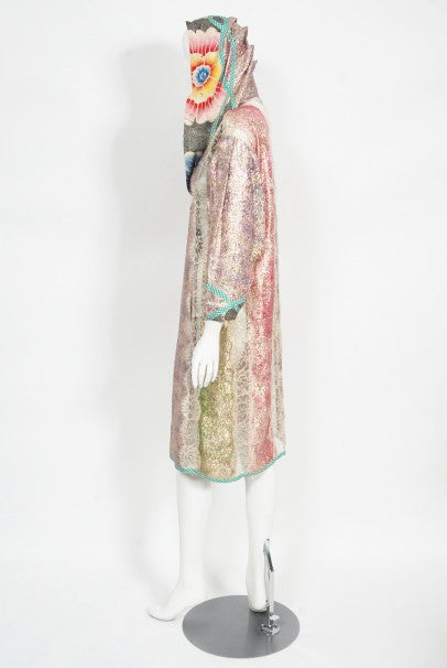 1970s Koos Van Den Akker Couture Metallic Lace &amp; Colorful Cotton Hooded Dress