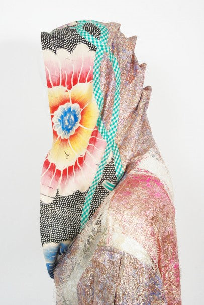 1970s Koos Van Den Akker Couture Metallic Lace &amp; Colorful Cotton Hooded Dress