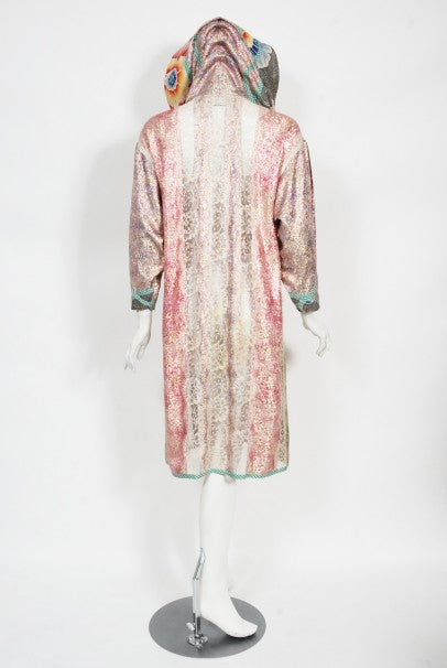 1970s Koos Van Den Akker Couture Metallic Lace &amp; Colorful Cotton Hooded Dress