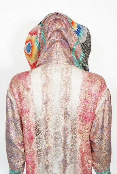 1970s Koos Van Den Akker Couture Metallic Lace &amp; Colorful Cotton Hooded Dress