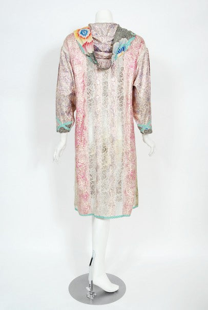 1970s Koos Van Den Akker Couture Metallic Lace &amp; Colorful Cotton Hooded Dress