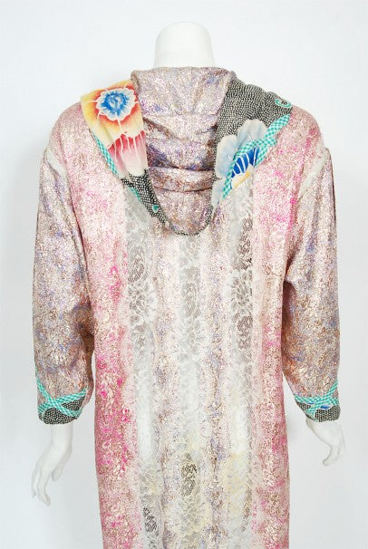1970s Koos Van Den Akker Couture Metallic Lace &amp; Colorful Cotton Hooded Dress