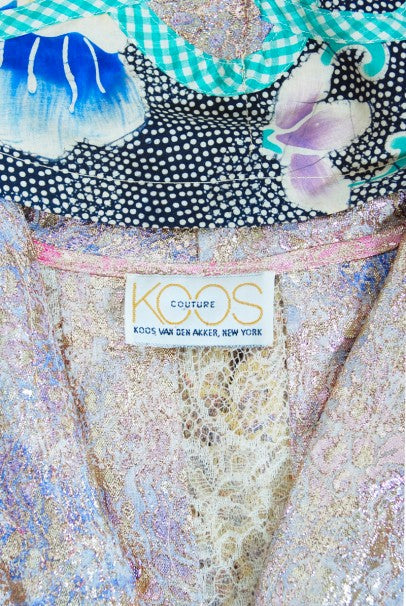 1970s Koos Van Den Akker Couture Metallic Lace &amp; Colorful Cotton Hooded Dress