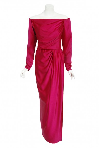 1989 Yves Saint Laurent Haute Couture Magenta Pink Silk Off-Shoulder Draped Gown