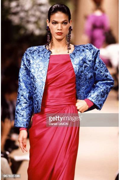 1989 Yves Saint Laurent Haute Couture Magenta Pink Silk Off-Shoulder Draped Gown