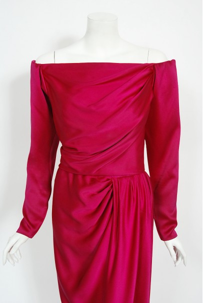 1989 Yves Saint Laurent Haute Couture Magenta Pink Silk Off-Shoulder Draped Gown
