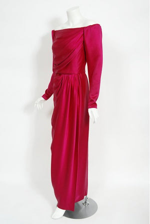 1989 Yves Saint Laurent Haute Couture Magenta Pink Silk Off-Shoulder Draped Gown