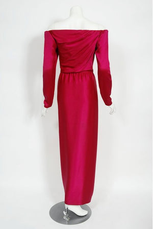 1989 Yves Saint Laurent Haute Couture Magenta Pink Silk Off-Shoulder Draped Gown