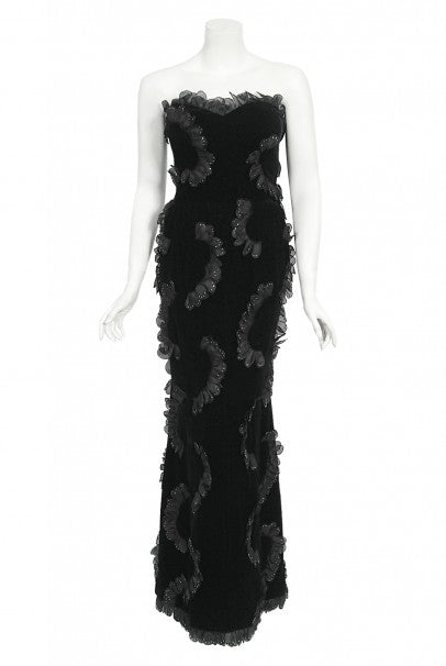 1984 Givenchy Haute Couture Silk Petal Applique Velvet Hourglass Gown