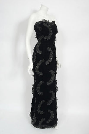 1984 Givenchy Haute Couture Silk Petal Applique Velvet Hourglass Gown