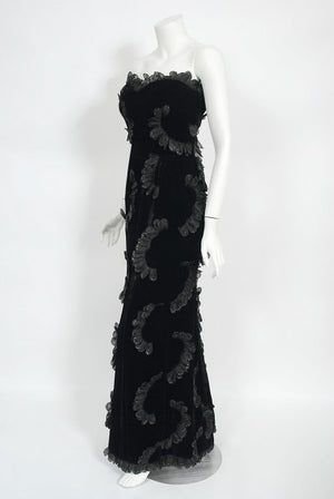 1984 Givenchy Haute Couture Silk Petal Applique Velvet Hourglass Gown
