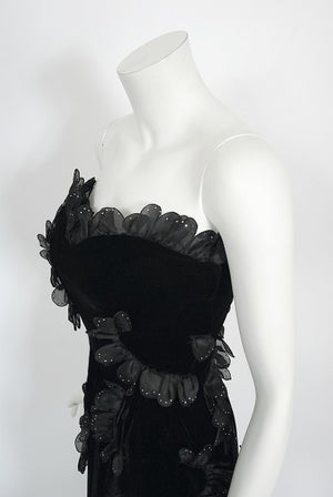 1984 Givenchy Haute Couture Silk Petal Applique Velvet Hourglass Gown